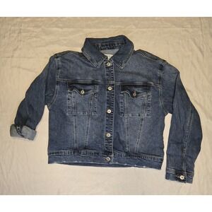 And Now This Denim Jean Jacket Cropped Distressed Trim Womens Medium Cotton Blue